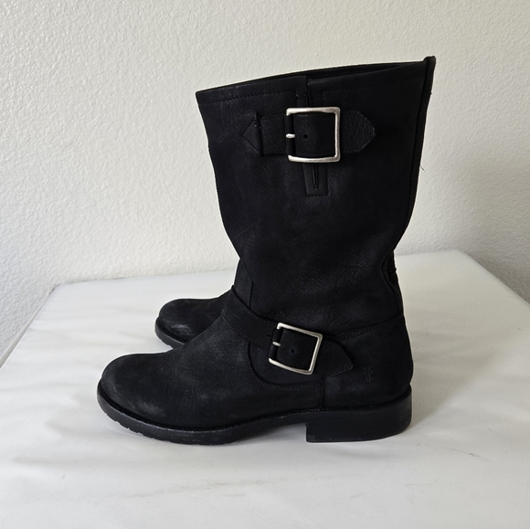Frye Natalie Mid Engineer Black Nubuck Leather Buckle Moto Boots size 8 - Picture 1 of 16